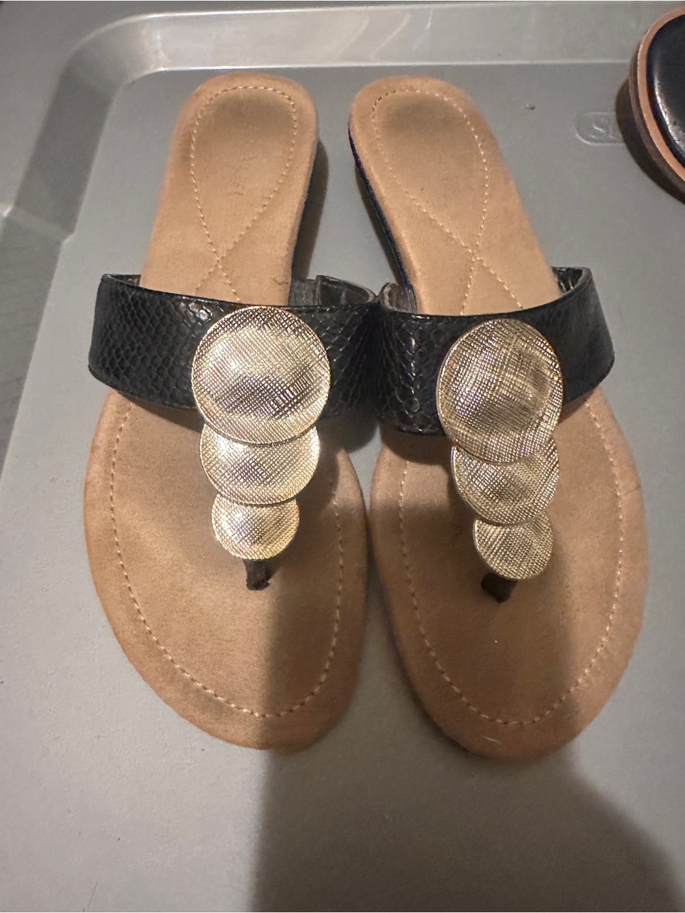 & Other Stories Black Thong Sandals with Gold Disc Detail